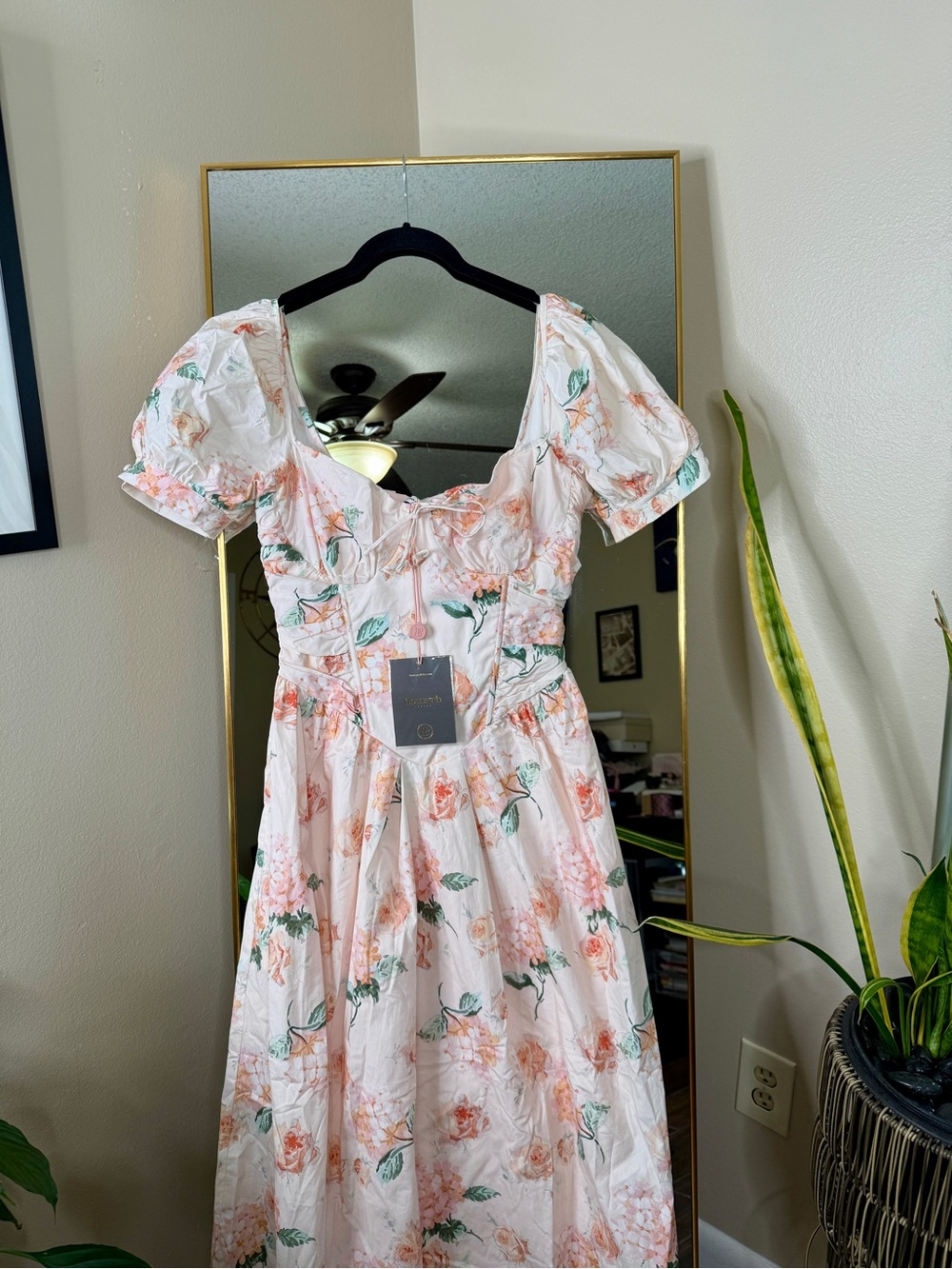 House of CB LULABELL Peach Floral Cotton Puff Sleeve Midi Dress NWT - Picture 7 of 9